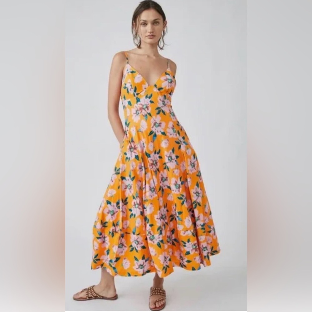 Free People Finer Things Floral Dress, Spaghetti-Strap Maxi Dress, Orange, Large